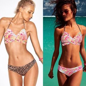 VS Pink Body Wrap Swim Top S Leopard Floral Sexy